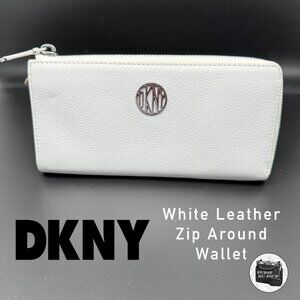 DKNY White Pebbled Leather Zip Around Long Wallet